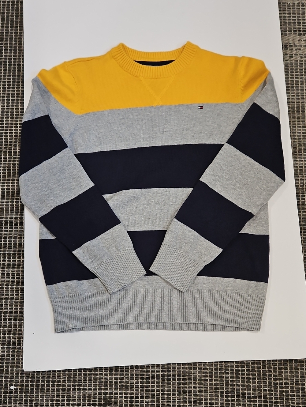 Tommy Hilfiger Kids Yellow, Navy & Light Gray Striped Crewneck Sweater. Size M